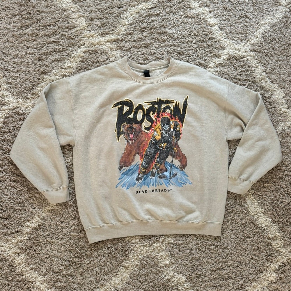 Dead Threads Boston Hockey Bear Skeleton Graphic Sweatshirt Tan XL‎